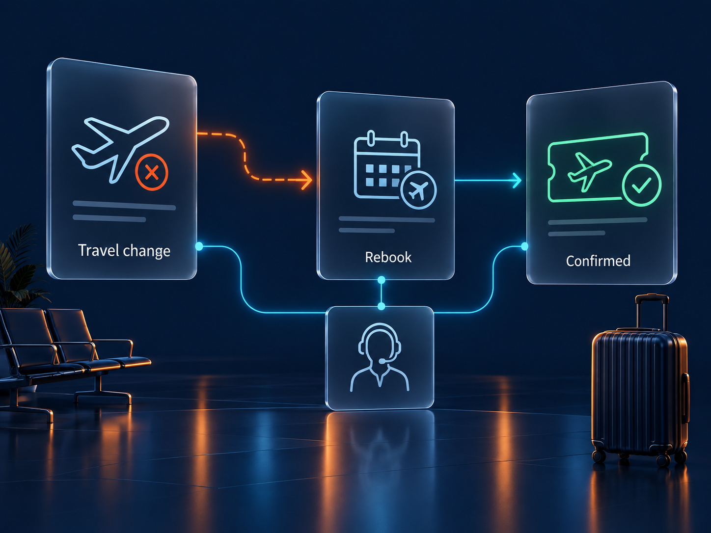 Illustration of travel work progressing through a shared case